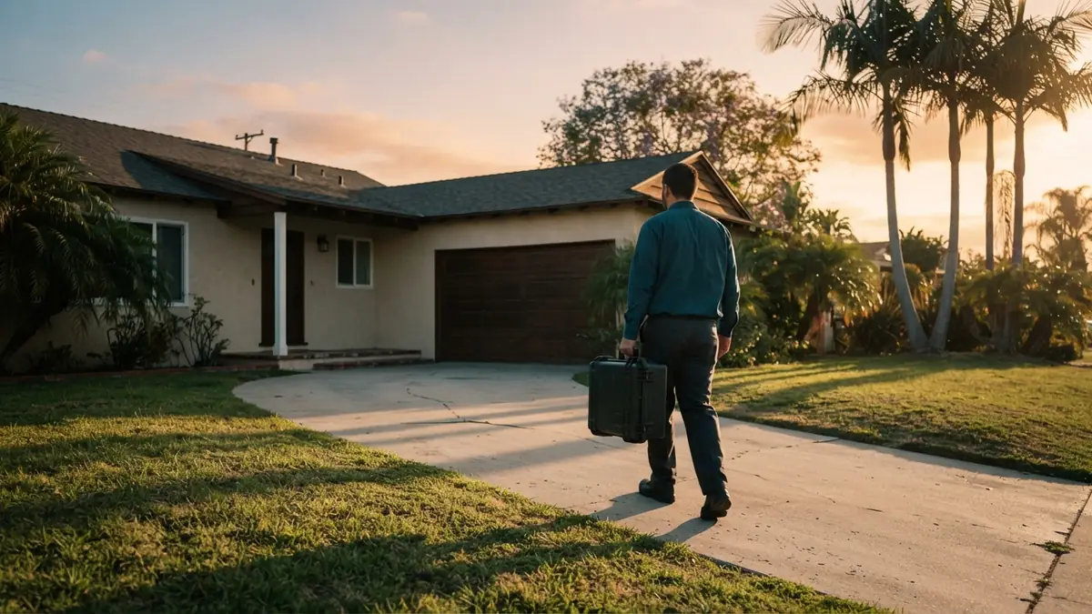 Technician carrying an equipment case up the driveway of a single-story stucco house at golden hour