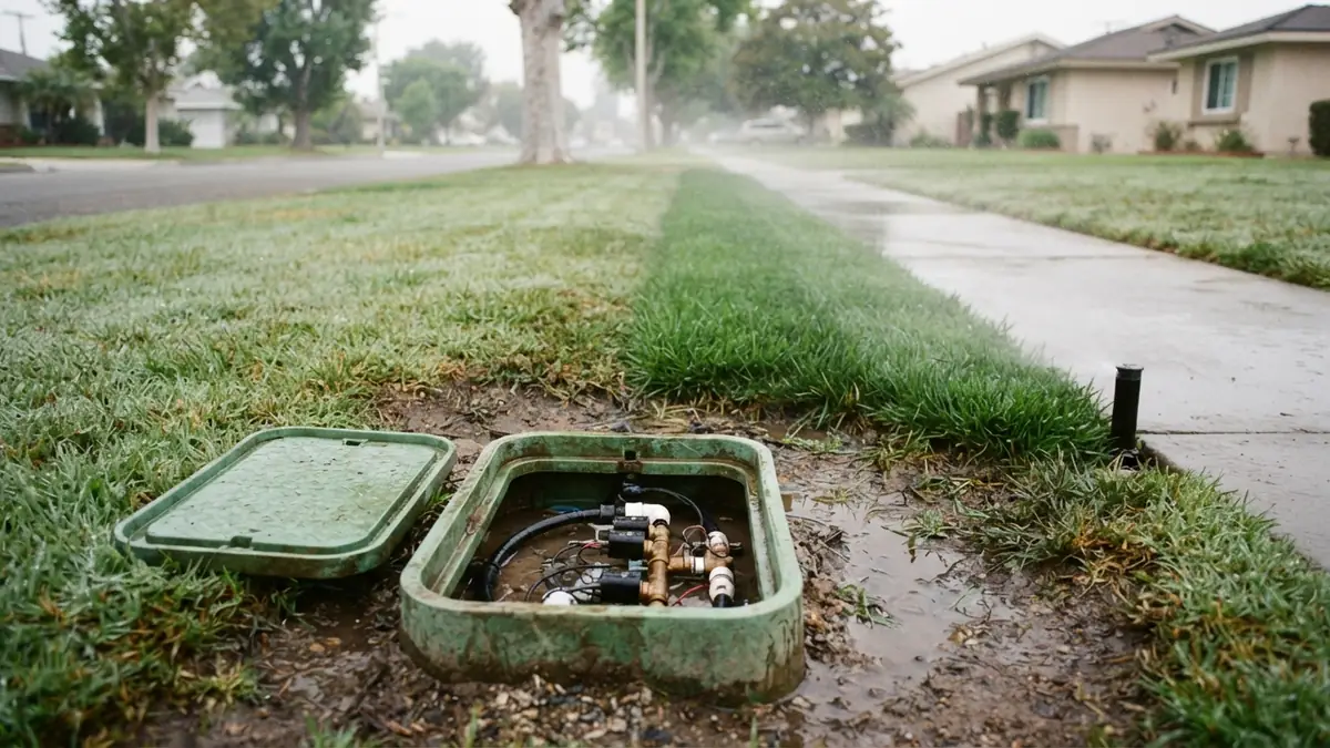 An open irrigation valve box in a front lawn with a wet patch of soil and a greener strip of grass around it - Leak Detection in Flower Tract