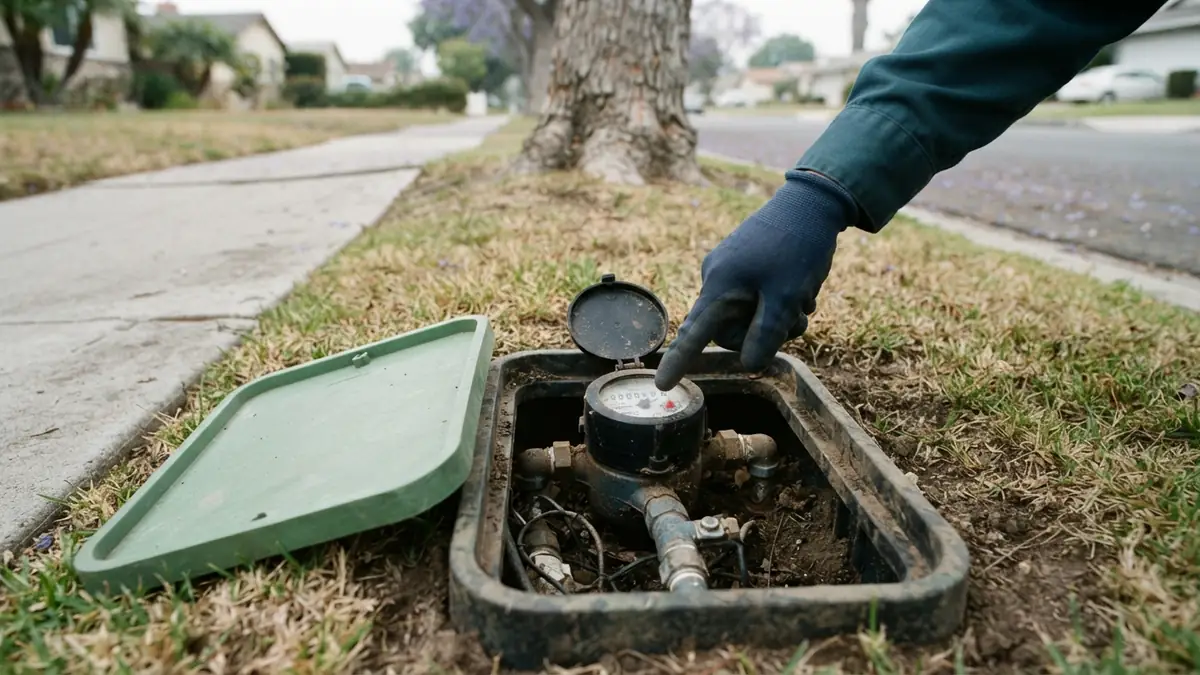 A gloved hand pointing at the low-flow indicator on a water meter in an open meter box in a lawn strip by a sidewalk - Leak Detection in Buena Park