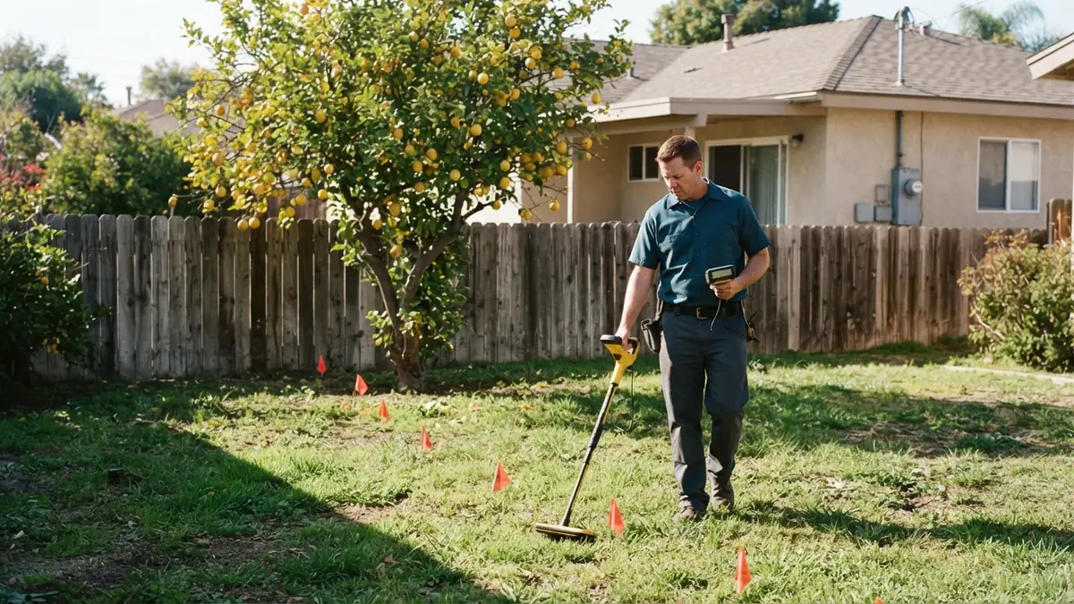 Technician sweeping a pipe locator across a backyard lawn with orange flags marking the buried water line - Leak Detection in Flower Tract