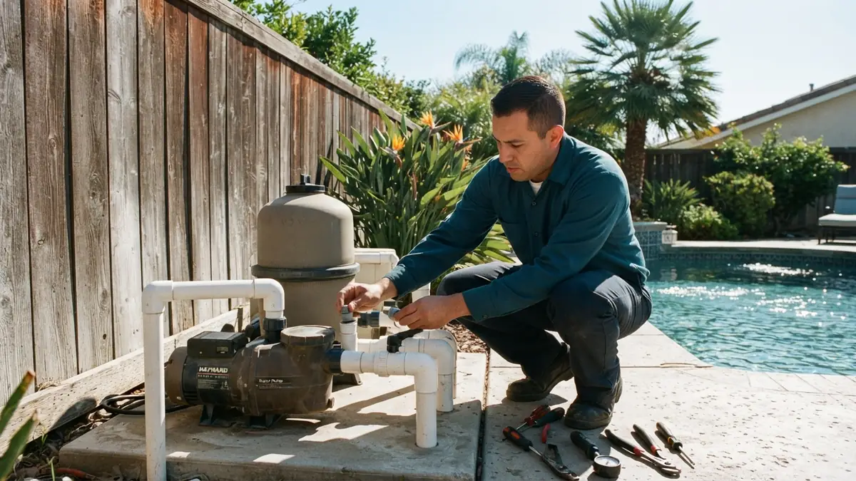 Technician pressure-testing the plumbing at a backyard pool equipment pad beside a wood fence - Leak Detection in Buena Park