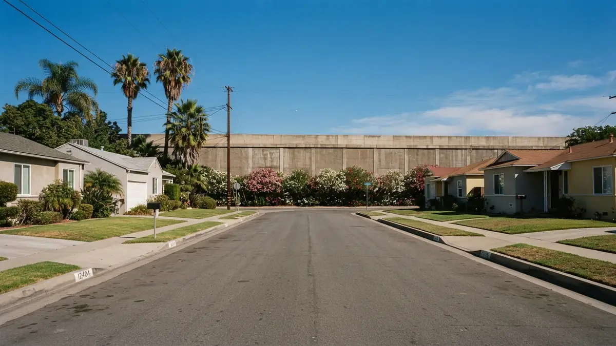 A residential street of 1950s single-story tract houses ending at a freeway sound wall with oleander - Leak Detection in North Buena Park