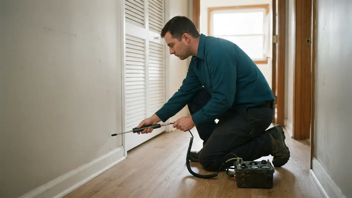 Technician holding a tracer-gas sniffer probe just above the baseboard in a hallway - Leak Detection in Tree Tract